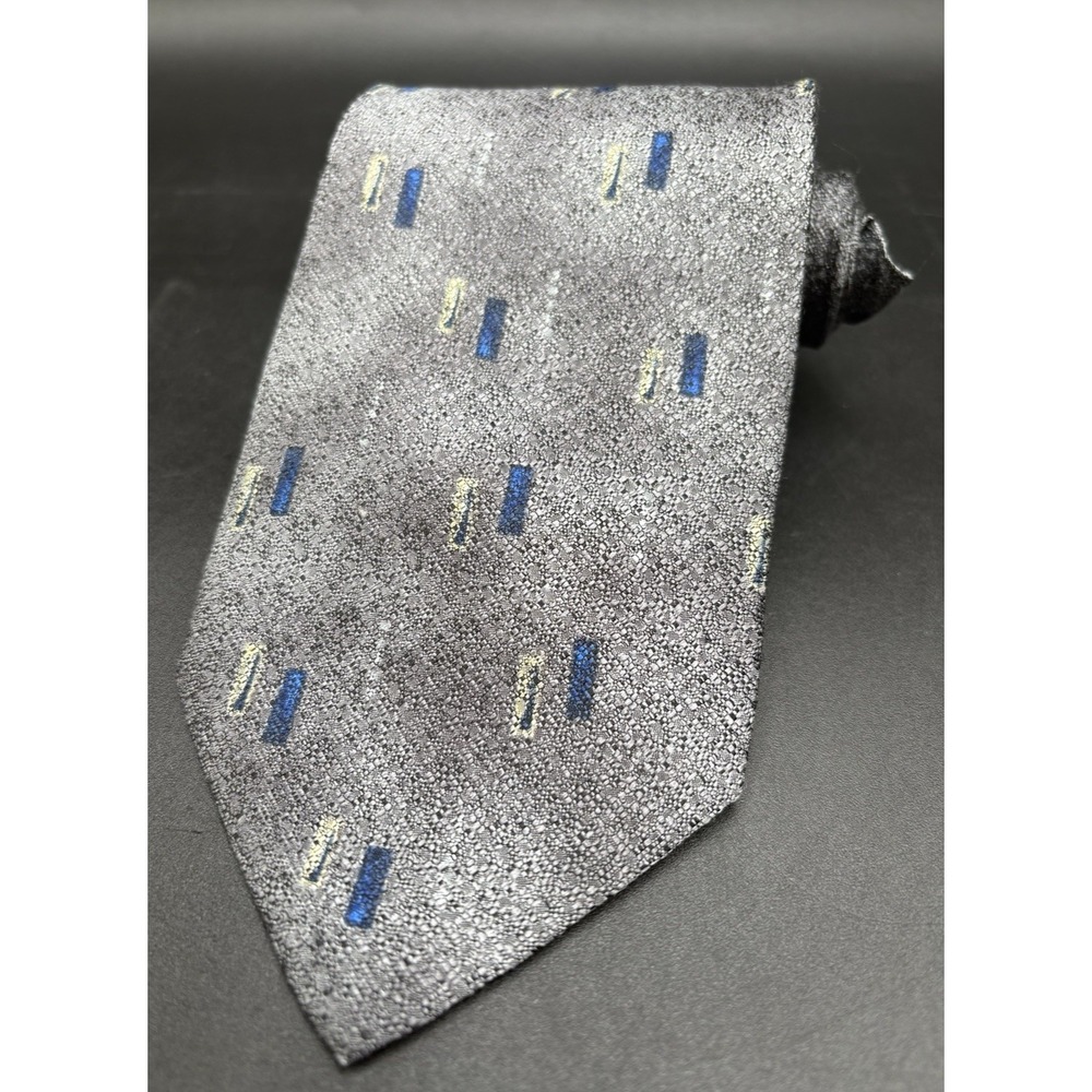 MANZONI Men's Tie 100% Silk Gray Blue Gold Geometric Design 60"x 4" Made Italy